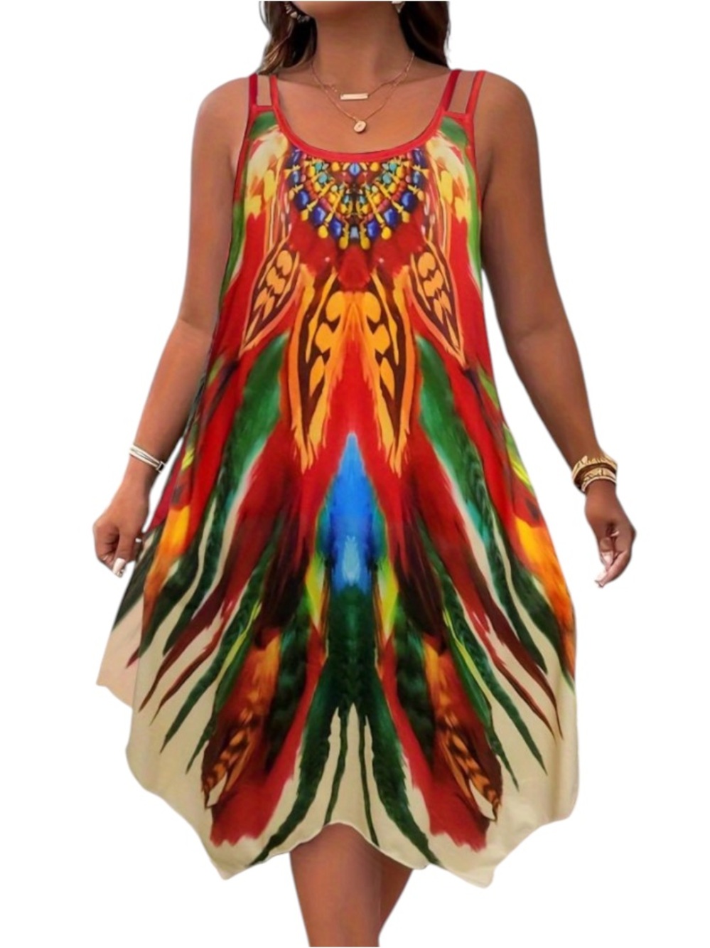 Nnh blu colorful red feather jewel print double spaghetti strap dress size 5XL